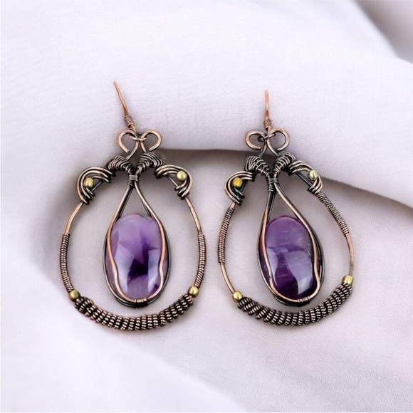 Star Amethyst Handmade Copper Wire Wrapped Earrings Jewelry - Picture 2 of 6